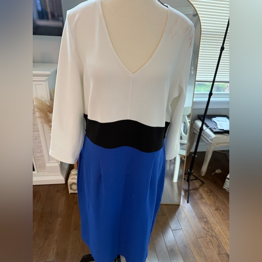 Boston Proper Blue , White and Black BodyCon Dress V-Neck 3/4 Sleeve